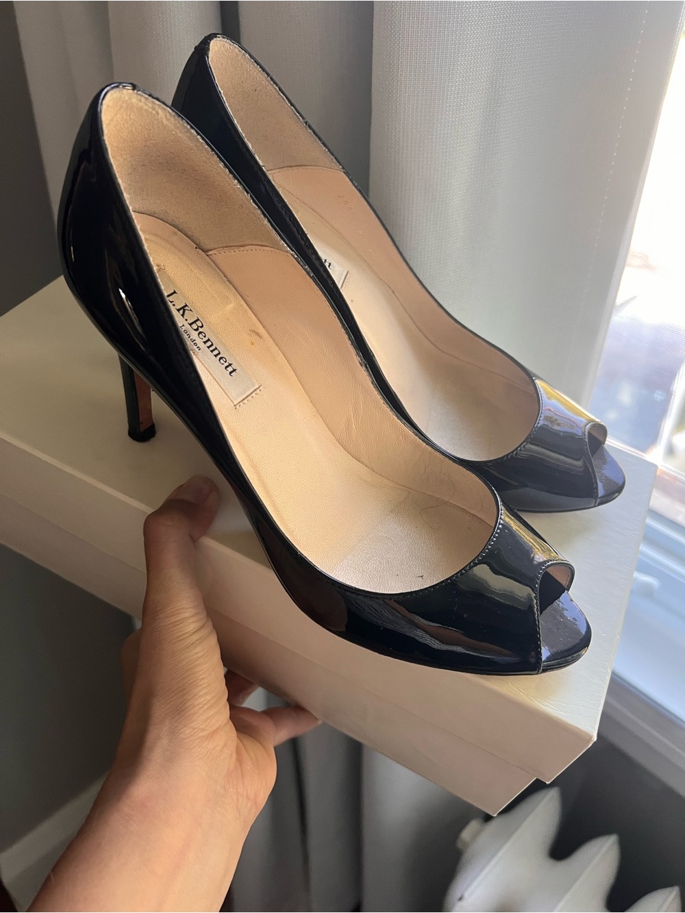LK Bennett Black Patent Peep-Toe Pumps